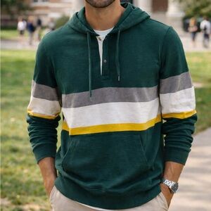 American Eagle Men’s Y2K Green Striped Rugby Hoodie Polo Shirt